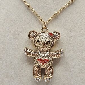 Unique 3D Teddy Bead Rhinestone Detail Pendant Locket Necklace Gold Tone